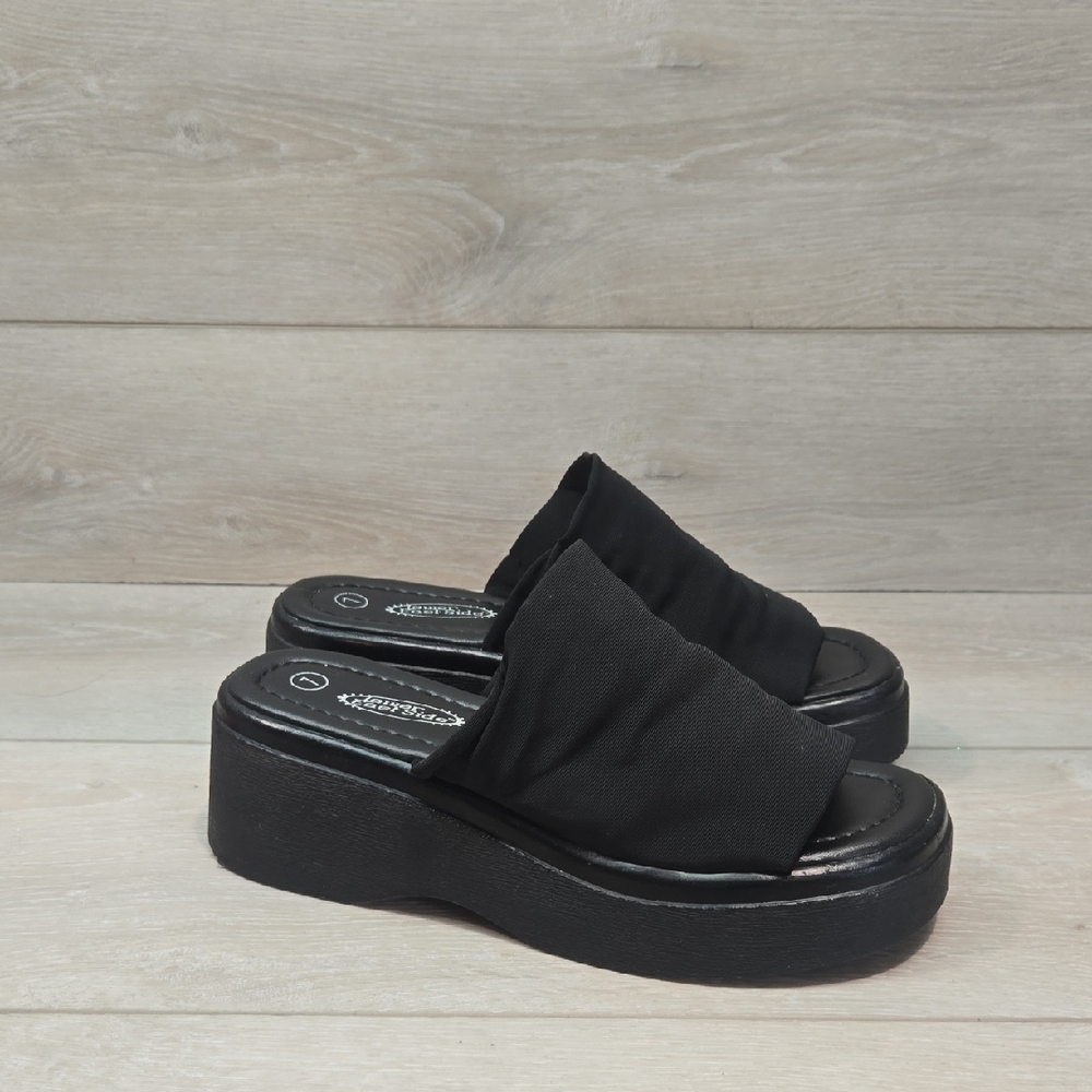 Vintage Lower East Side Women Black Platform Slide Sandals Open Toe Shoes Sz 7